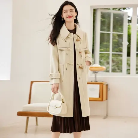 时尚气质牛角扣毛呢大衣2022年秋季新款淑女温柔显瘦中长款外套商品大图