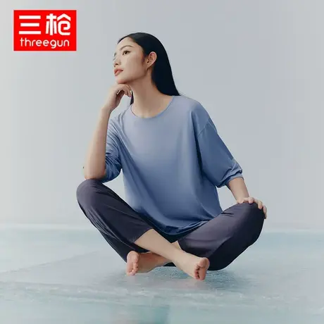 三枪家居服女2023春夏轻风木代尔圆领中袖长裤轻薄透气外穿睡衣裤商品大图
