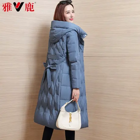 雅鹿系带连帽羽绒服女中长款2022冬季新款时尚百搭保暖外套长过膝商品大图