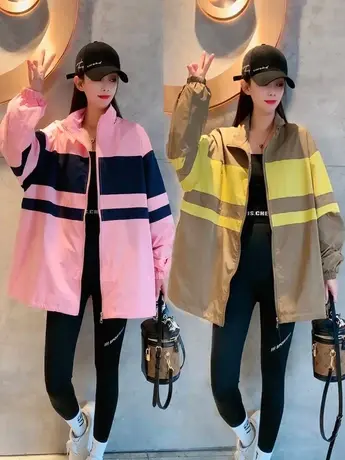 欧洲站2023春季撞色冲锋衣女运动外套中长款上衣棒球服风衣夹克潮商品大图