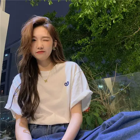 2023年新款夏季刺绣T恤女短袖宽松正肩白色情侣装半袖上衣ins潮牌商品大图