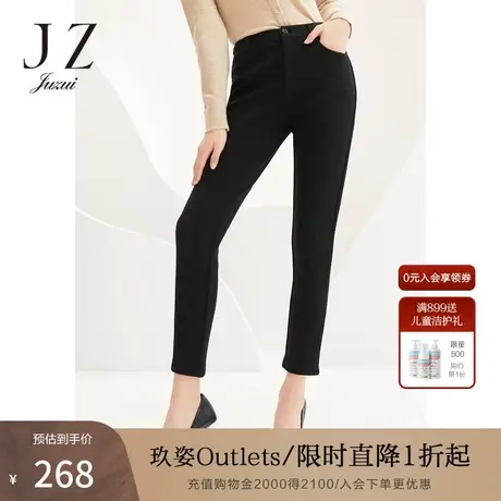 玖姿松紧弹力修身加绒保暖简约黑色女休闲裤JUZUI-2021冬季新款商品大图