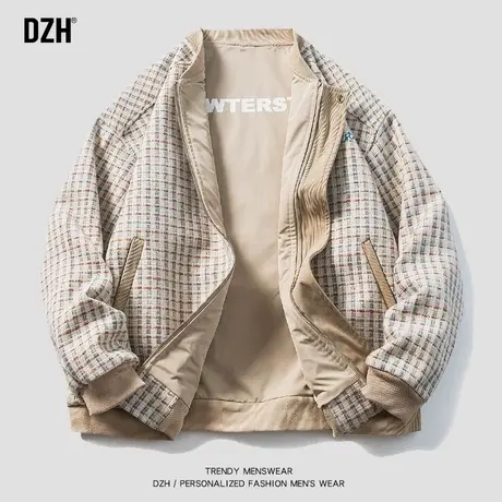DZH情侣日系两面穿棒球服外套男秋季潮牌格纹上衣宽松夹克情侣装图片