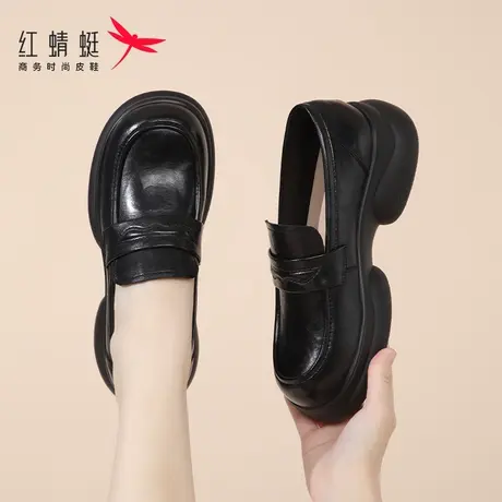 红蜻蜓女鞋春秋季一脚蹬懒人小皮鞋爆款厚底乐福鞋女妈妈单鞋真皮图片
