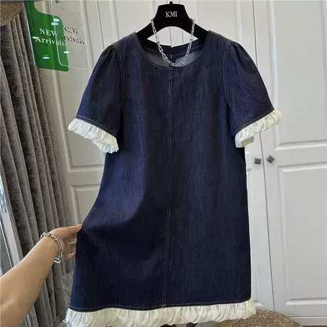 爵莱菲大码欧洲站网纱拼接短袖牛仔连衣裙女中长裙宽松撞色夏季款图片
