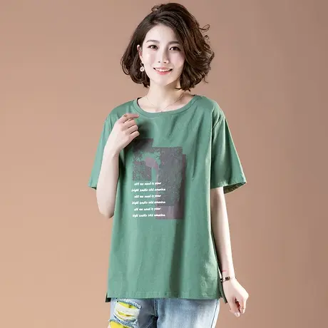 中年妈妈宽松短袖t恤女夏季加肥加大码女装全棉圆领印花半袖体恤商品大图