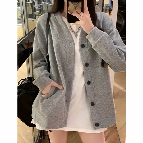 长袖卫衣女2025春秋季新款宽松单排扣开衫设计感小众口袋上衣外套商品大图