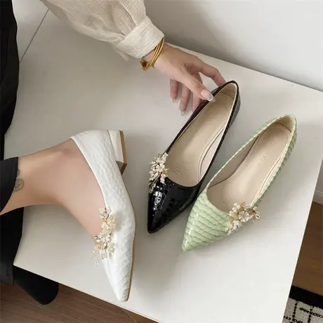 永希法式晚风单鞋女2023新款早秋温柔尖头低跟鞋配裙子一脚蹬瓢鞋商品大图