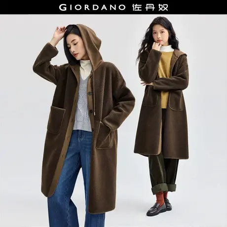 佐丹奴外套女装皮毛一体拼接连帽长款针织外套 18374215商品大图