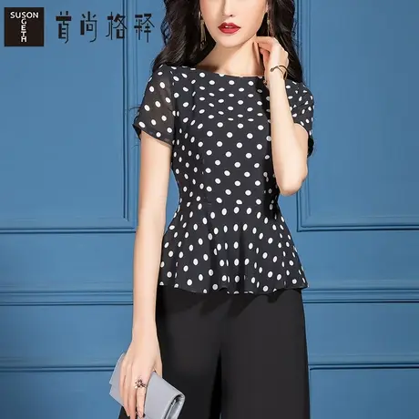 首尚格释夏装2023新款收腰淑女气质波点套头雪纺衫女短袖T恤上衣图片