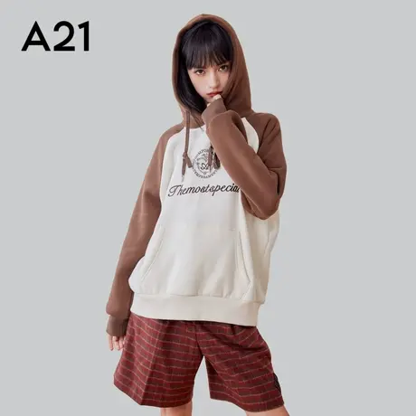 A21女装针织宽松连帽撞色插肩绒底卫衣休闲时尚长袖连帽衫上衣商品大图