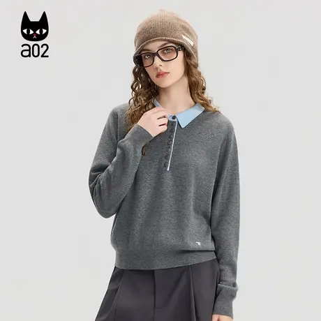 a02宽松半开领毛衣女2025新款秋季绣花针织衫羊毛通勤设计感上衣商品大图