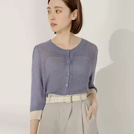 桔熊春夏季通勤针织衫撞色七分袖上衣空调房小外套女大码FA2726图片