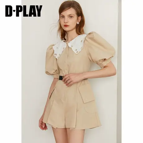 DPLAY【黑标】春新机绣娃娃领宽肩BF风连体裤复古泡泡袖短裤商品大图