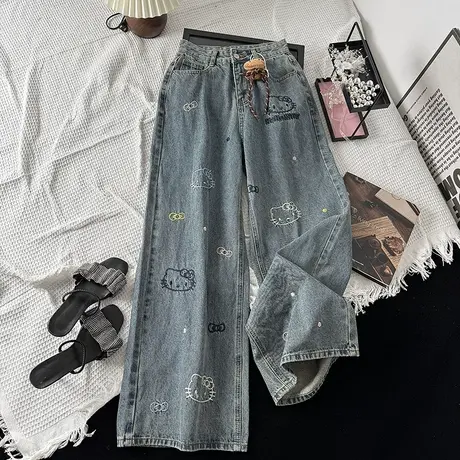 kiitty刺绣少女风高腰直筒牛仔裤女2025春季新款小众设计感阔腿裤商品大图