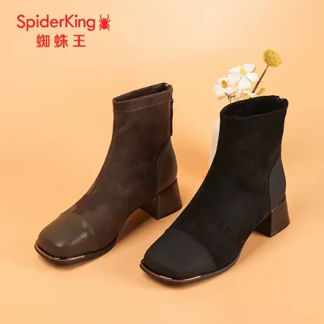 蜘蛛王断码清仓正品时装靴女2024秋商场新款方头中筒单里绒面粗跟图片