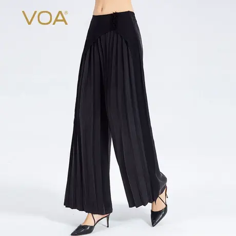 VOA40姆米重磅真丝墨黑不对称乔其拼接木耳花装饰简约百搭阔腿裤图片