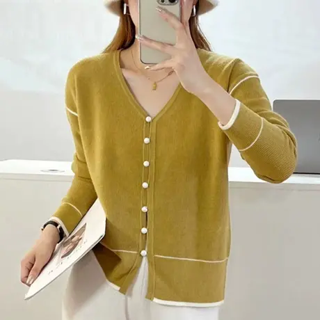 秋季2023新款V领针织衫毛衣开衫上衣小衫外套长袖宽松小衫外穿图片