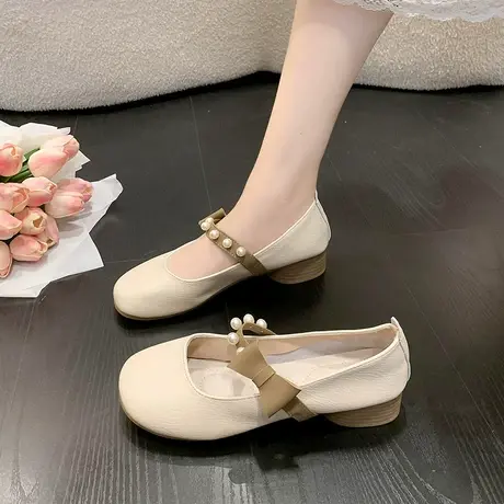 玛丽珍鞋女2023春秋季新款法式珍珠温柔一脚蹬单鞋粗跟浅口小皮鞋商品大图