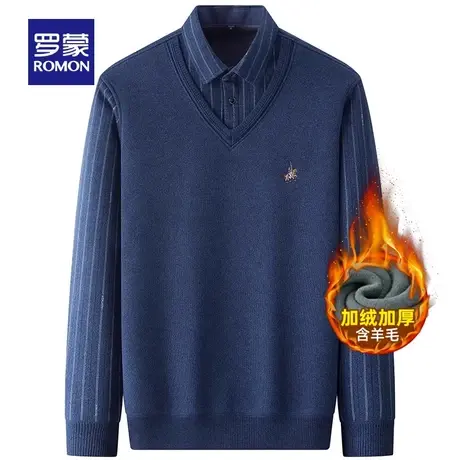 【含羊毛+加绒保暖】罗蒙男士针织衫2023秋季新款加厚假两件毛衣商品大图