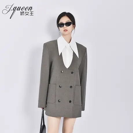 西装外套女秋冬新款气质时尚英伦风小众设计感V领休闲双排扣西服图片