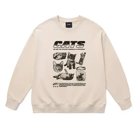 vintage猫咪卫衣男女小众米白色打底衫2023新款小个子落肩衣服棉商品大图