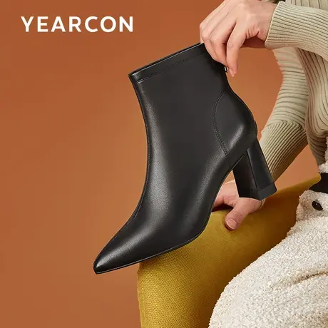 意尔康粗高跟真皮短靴女2023初冬款百搭气质尖头法式时装单靴女图片