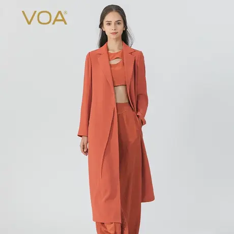 VOA棕红色41姆米竖条纹重磅桑蚕丝平驳领长袖一粒扣真丝风衣外套商品大图