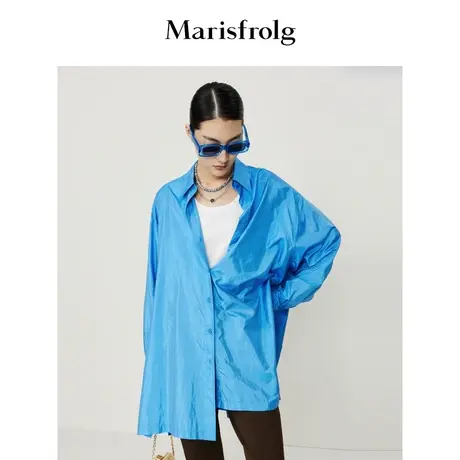 【薄如蝉翼系列】玛丝菲尔秋新款宽松长袖蓝色衬衫上衣女商品大图