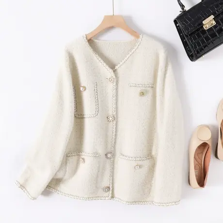 23015新品韩版宽松V领小香风针织衫女士开衫上衣毛衣长袖外套商品大图