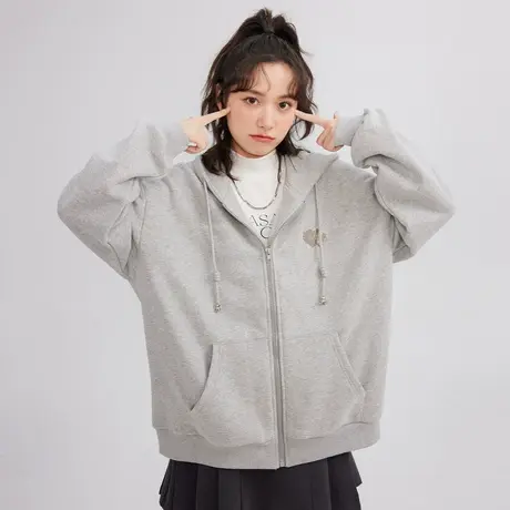 尔给灰色小众连帽开衫拉链vintage卫衣外套女秋冬款2022新款上衣商品大图