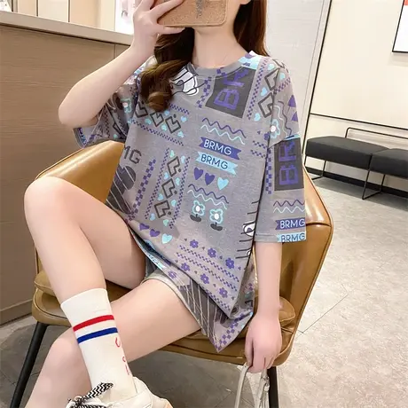日系潮牌中长款短袖t恤女夏季2023年新款ins韩版宽松大码半袖上衣商品大图