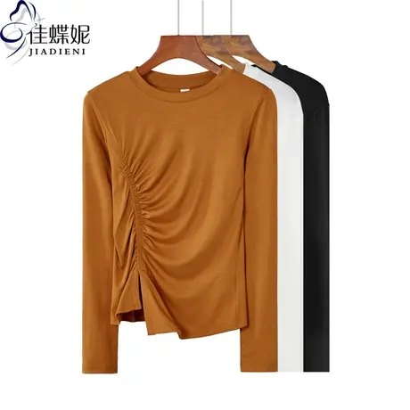 春秋季打底衫女装纯色百搭抽褶长袖体恤韩版修身显瘦内搭上衣纯白商品大图