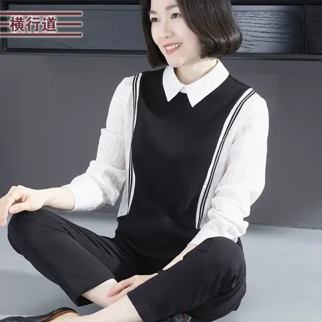 2025新款春装翻领拼接撞色宽松长袖T恤女装韩版大码妈妈职业上衣商品大图