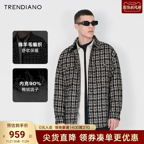 TRENDIANO羽绒外套2023冬新款绵羊毛格纹小香风无性别羽绒服微阔图片