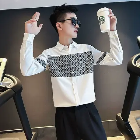 高级感潮牌撞色印花拼接长袖衬衫男春秋季夜店韩版修身发型师衬衣商品大图