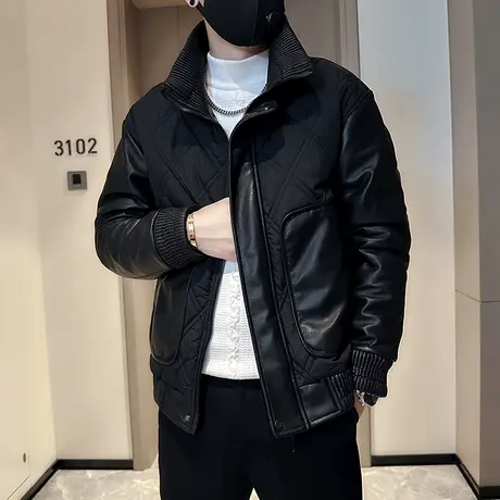 冬季潮牌拼皮羽绒棉服男个性保暖机车服冬装帅气休闲棉衣INS外套图片