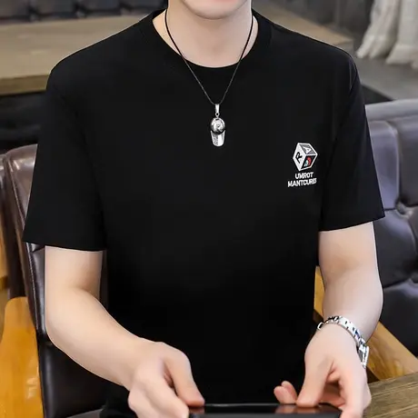 刺绣纯棉纯色圆领T恤男士韩版潮流休闲半袖体恤打底衫夏季新款t恤商品大图