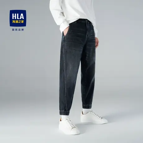 HLA/海澜之家抽绳松紧腰牛仔裤秋新宽松五袋款洗水九分裤子男商品大图