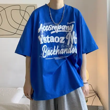 短袖t恤男潮牌宽松烟雾字母印花圆领体恤潮流纯棉薄款五分体恤衫商品大图