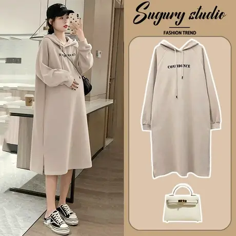 秋季孕妇装长袖休闲连衣裙女大码胖mm宽松连帽中长款卫衣裙200斤图片