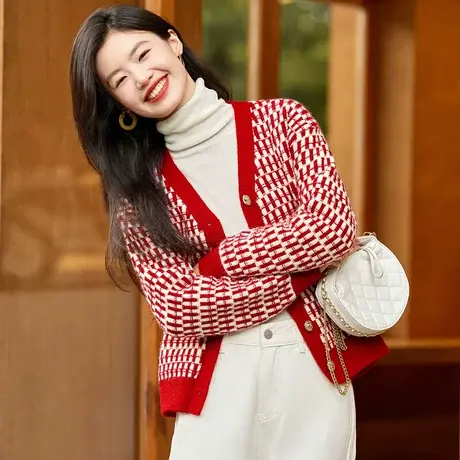 时尚气质格纹毛衣开衫女士2023年秋季新款百搭休闲通勤小众上衣商品大图
