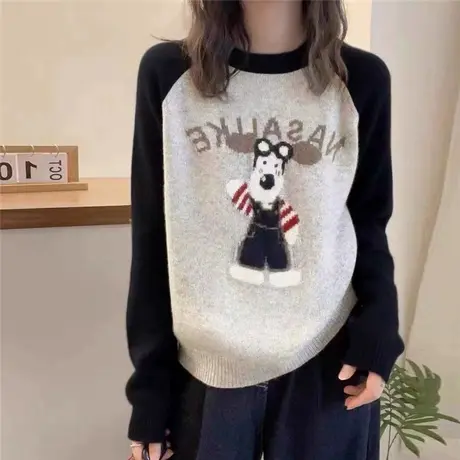 韩版圆领拼色卡通宽松2023秋冬季新款长袖针织衫套头毛衣上衣女商品大图