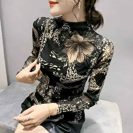 性感镂空T恤复古印花女装网纱加绒上衣紧身内搭打底衫女长袖春秋图片
