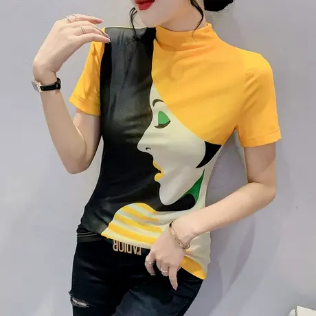 夏装半高领短袖T恤女ins潮修身个性百搭小衫时尚洋气印花网纱上衣图片