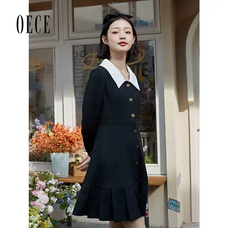 Oece复古小黑裙秋新款女撞色领长袖连衣裙裙子图片