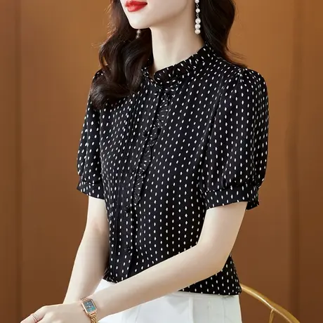 雪纺衫2023夏季新款短袖别致雪纺衬衫女洋气上衣女士气质夏款小衫图片