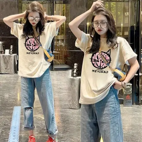 2023新款夏季下衣失踪t恤女短袖纯棉半袖中长款欧货大版宽松上衣商品大图