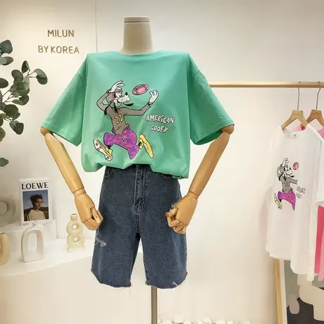 韩国东大门短袖T恤2021夏装港味休闲卡通上衣学院风设计感宽松潮商品大图