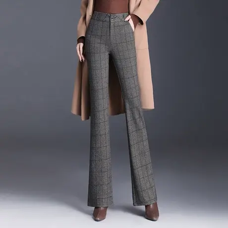 厚实毛呢喇叭裤女秋冬2023新款高腰气质格纹长裤显瘦通勤休闲裤子商品大图